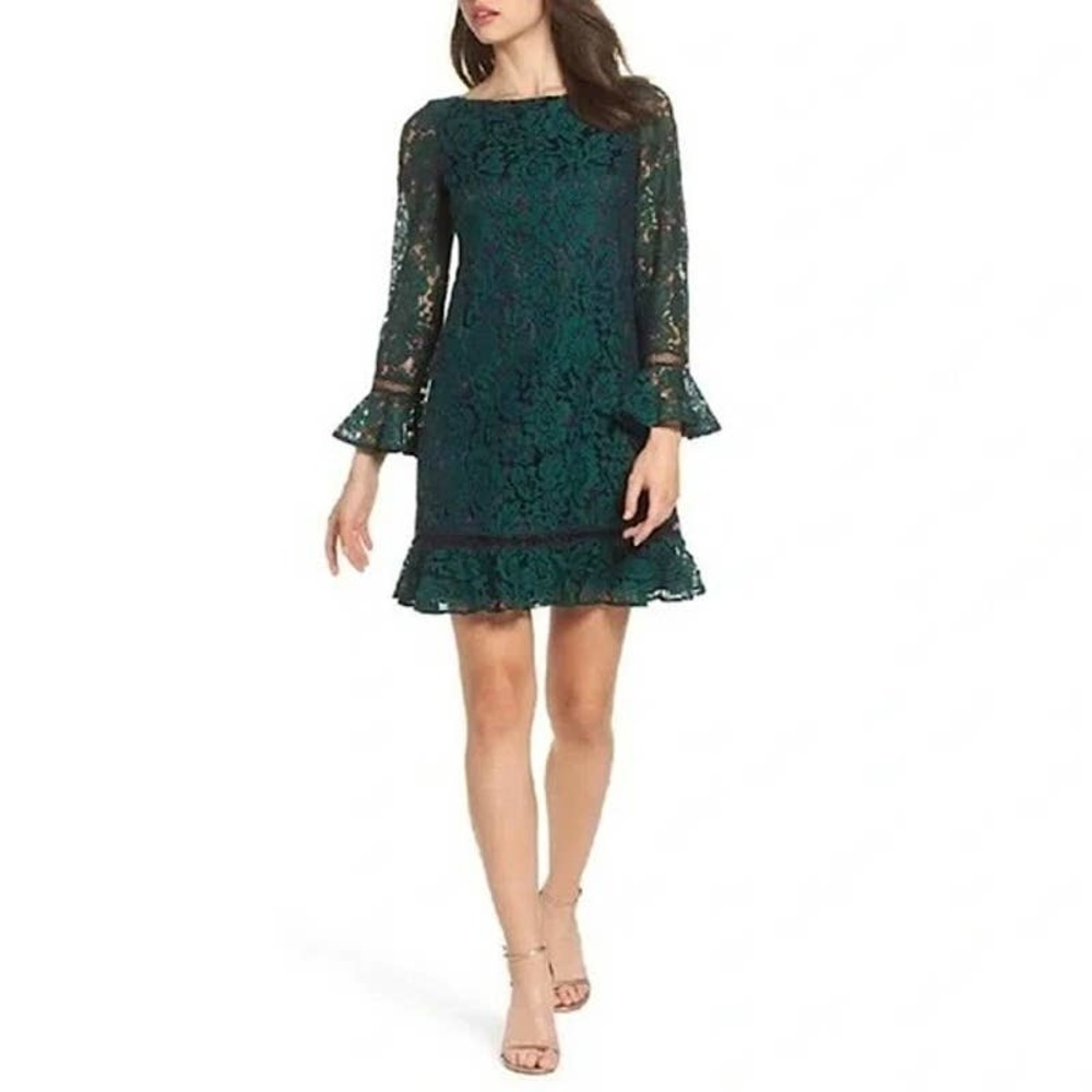 Eliza J. Bell Sleeve Lace Shift Dress Dark Green Ruffle Hem Floral Size 14 EUC